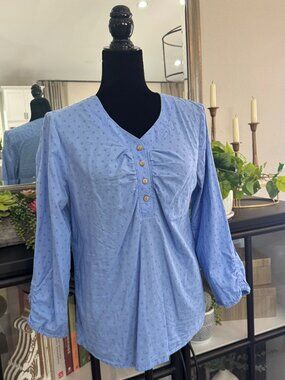 Woolrich 100% Cotton Blue V-neck Half-button Blouse with 3/4 Sleeves - Size S